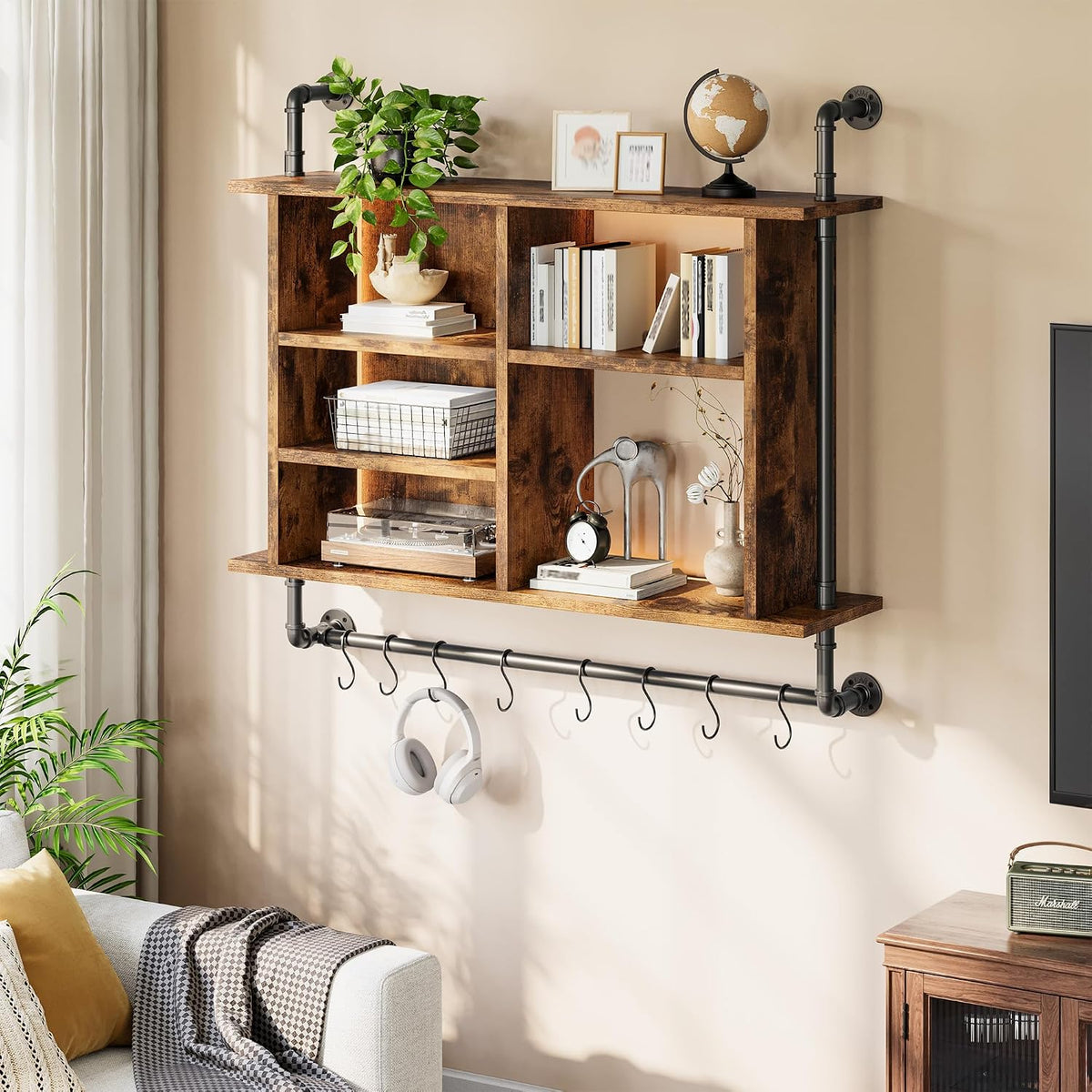 37.4" Floating Shelf with LED for Kitchen, Rustic Brown