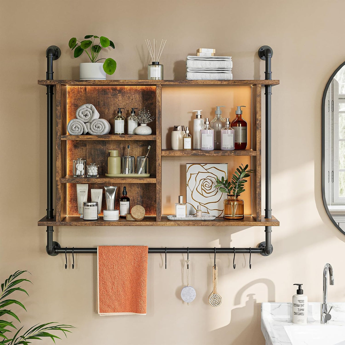 37.4" Floating Shelf with LED for Kitchen, Rustic Brown