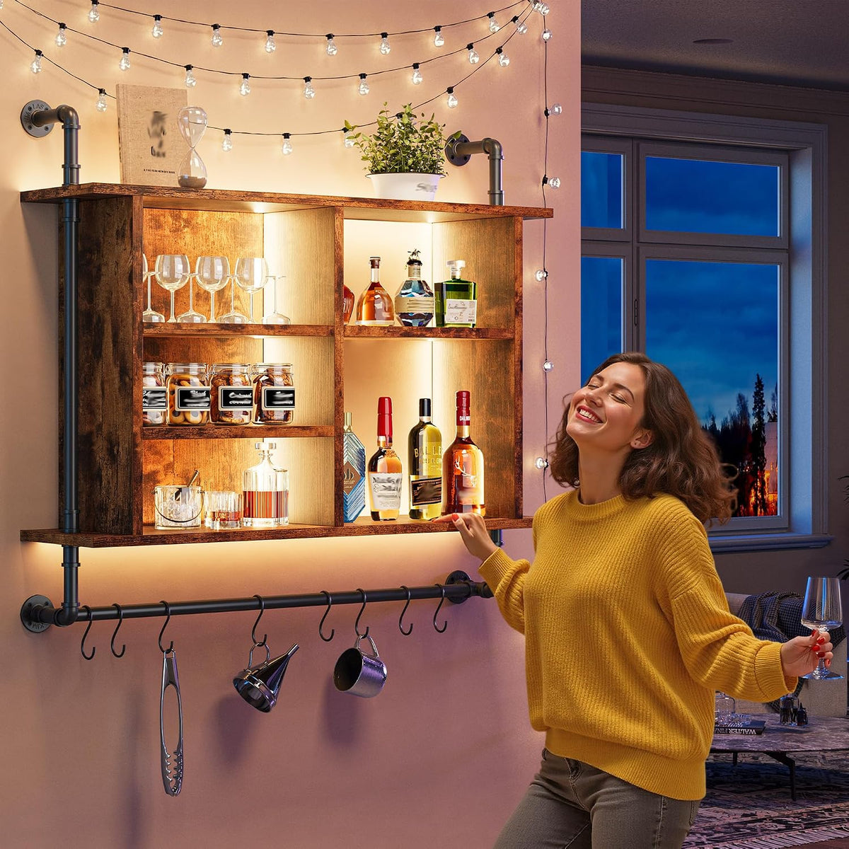 37.4" Floating Shelf with LED for Kitchen, Rustic Brown