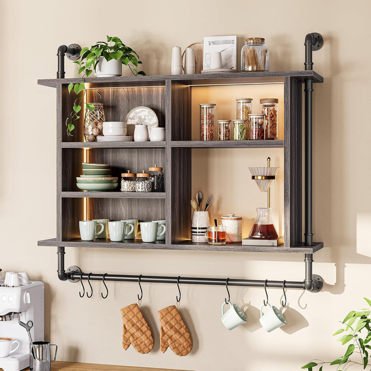 37.4" Floating Shelf with LED for Kitchen, Rustic Brown
