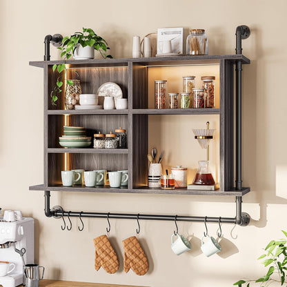 37.4" Floating Shelf with LED for Kitchen, Rustic Brown