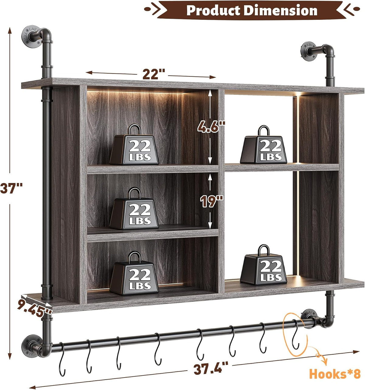 37.4" Floating Shelf with LED for Kitchen, Rustic Brown