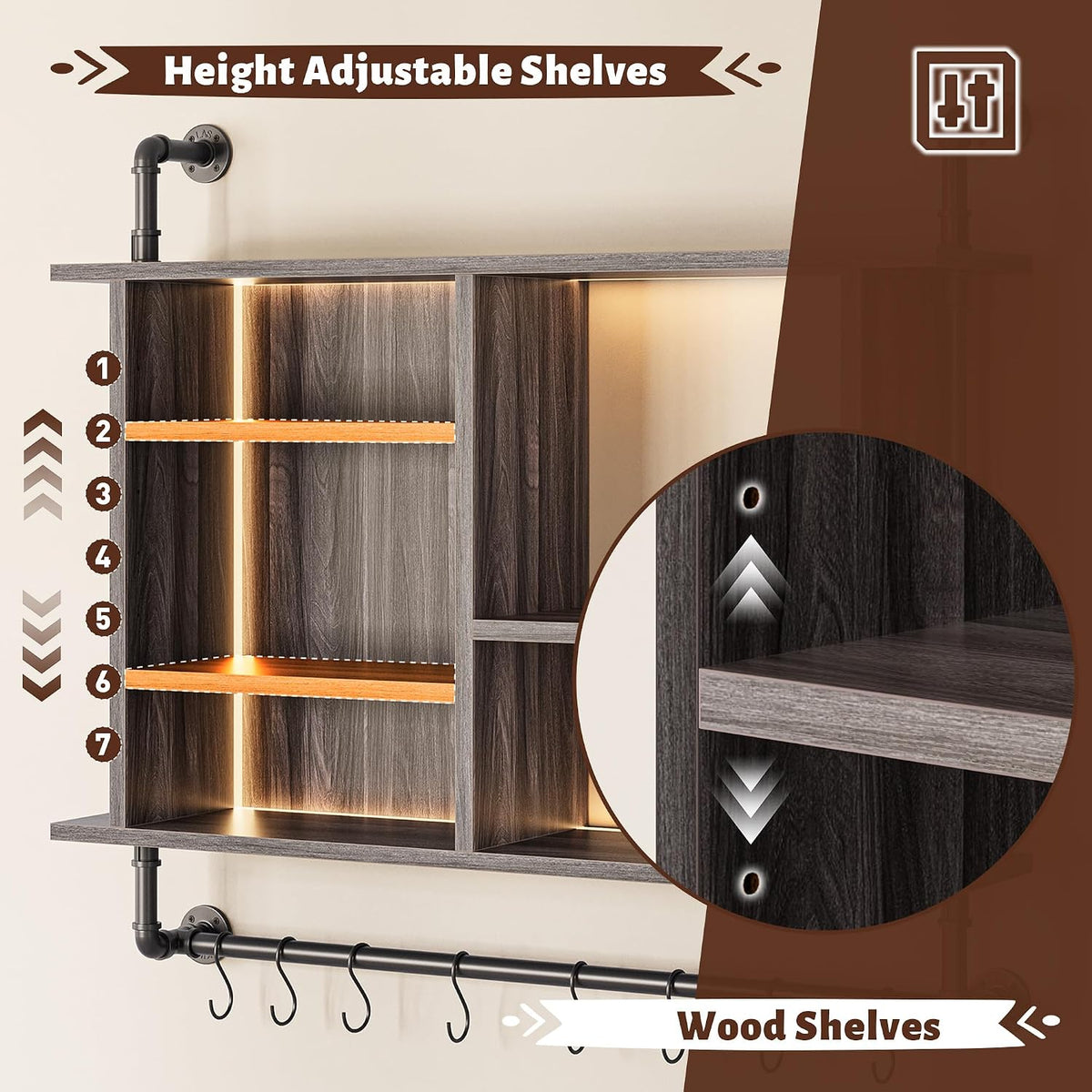 37.4" Floating Shelf with LED for Kitchen, Rustic Brown