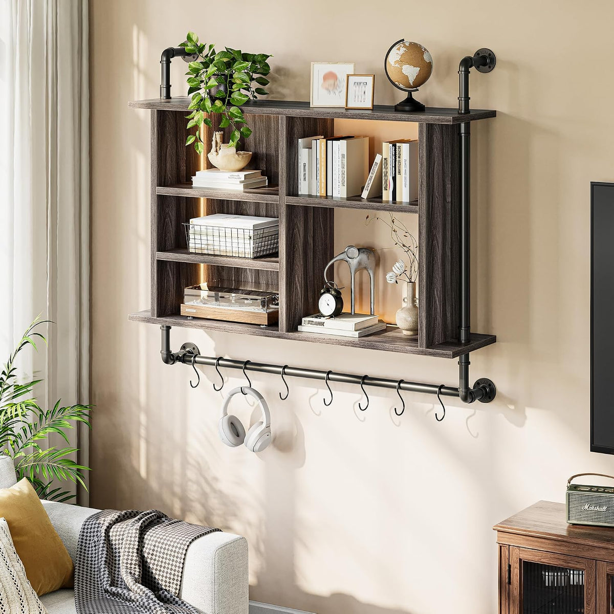 37.4" Floating Shelf with LED for Kitchen, Rustic Brown