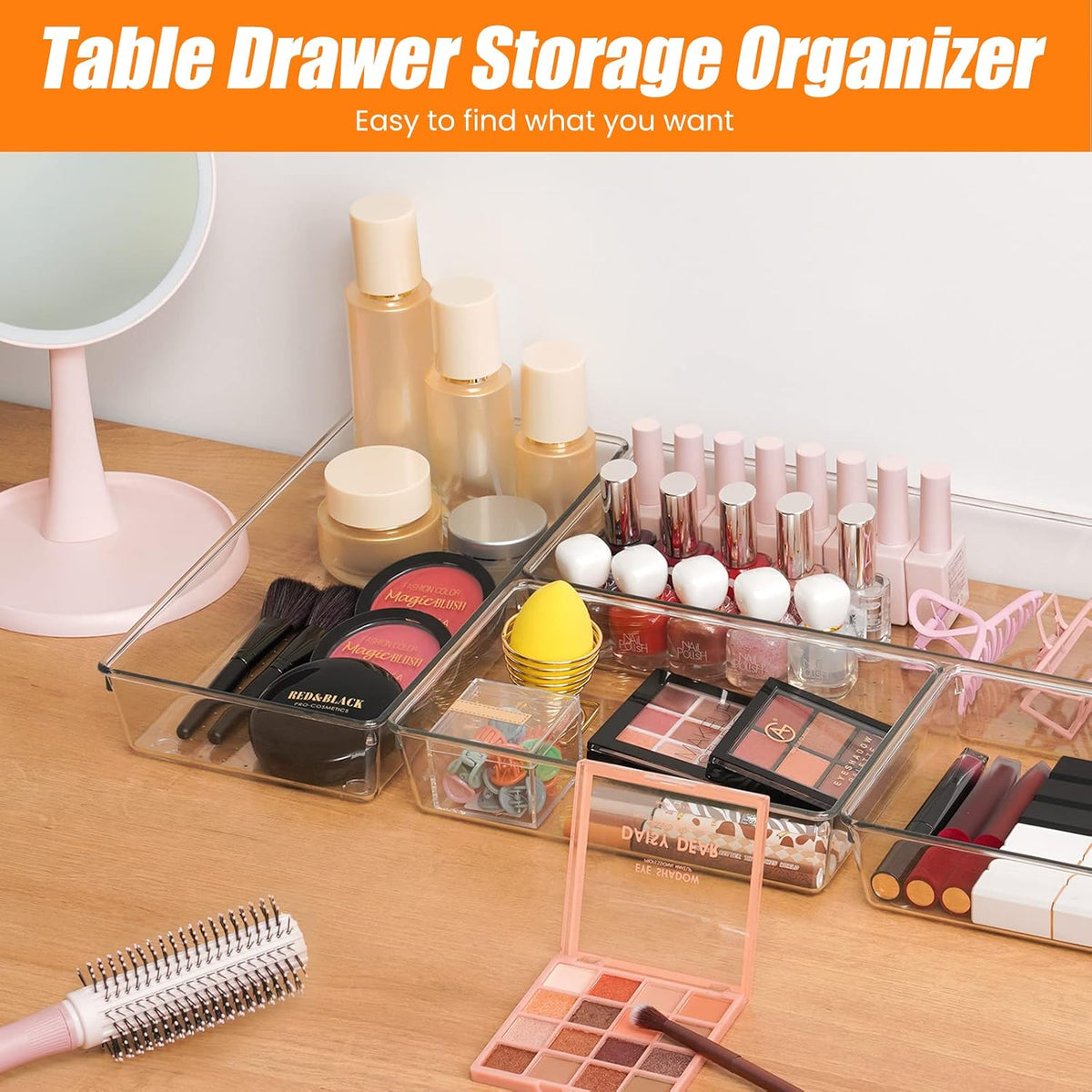 6 Pcs Large Size Clear Drawer Organizer Set, Acrylic Non Slip Non Cracking Kitchen Drawer Storage Tray Divider, Multifunctional Storage for Cosmetics, Bathroom, Tools, Kitchen and Office