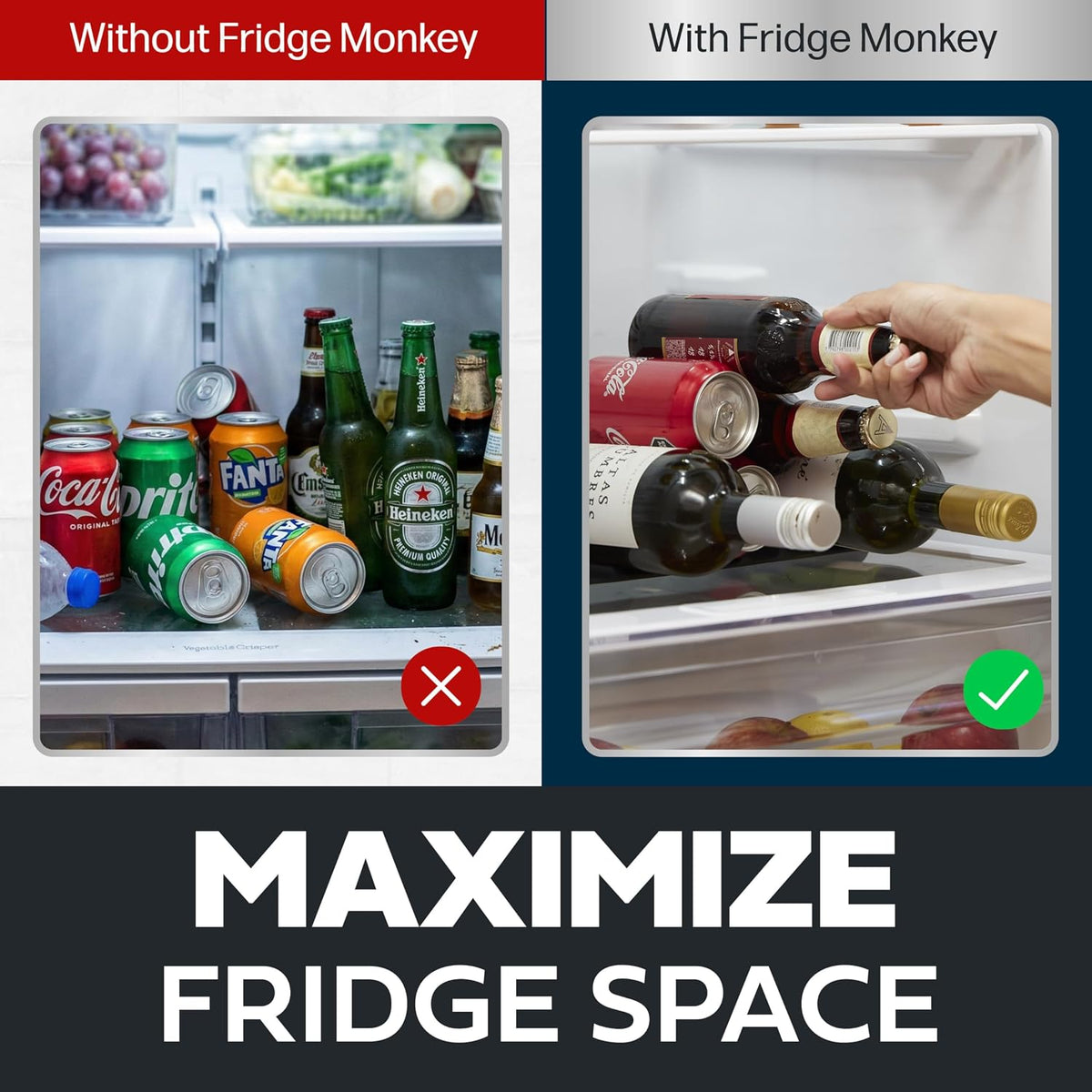 Drink Organizer for Fridge, 1 Pack Soda Can Refrigerator Organizers and Storage, Beer-Wine-Water Bottle Holder, Fridge Monkey - Durable Non-Slip & Roll