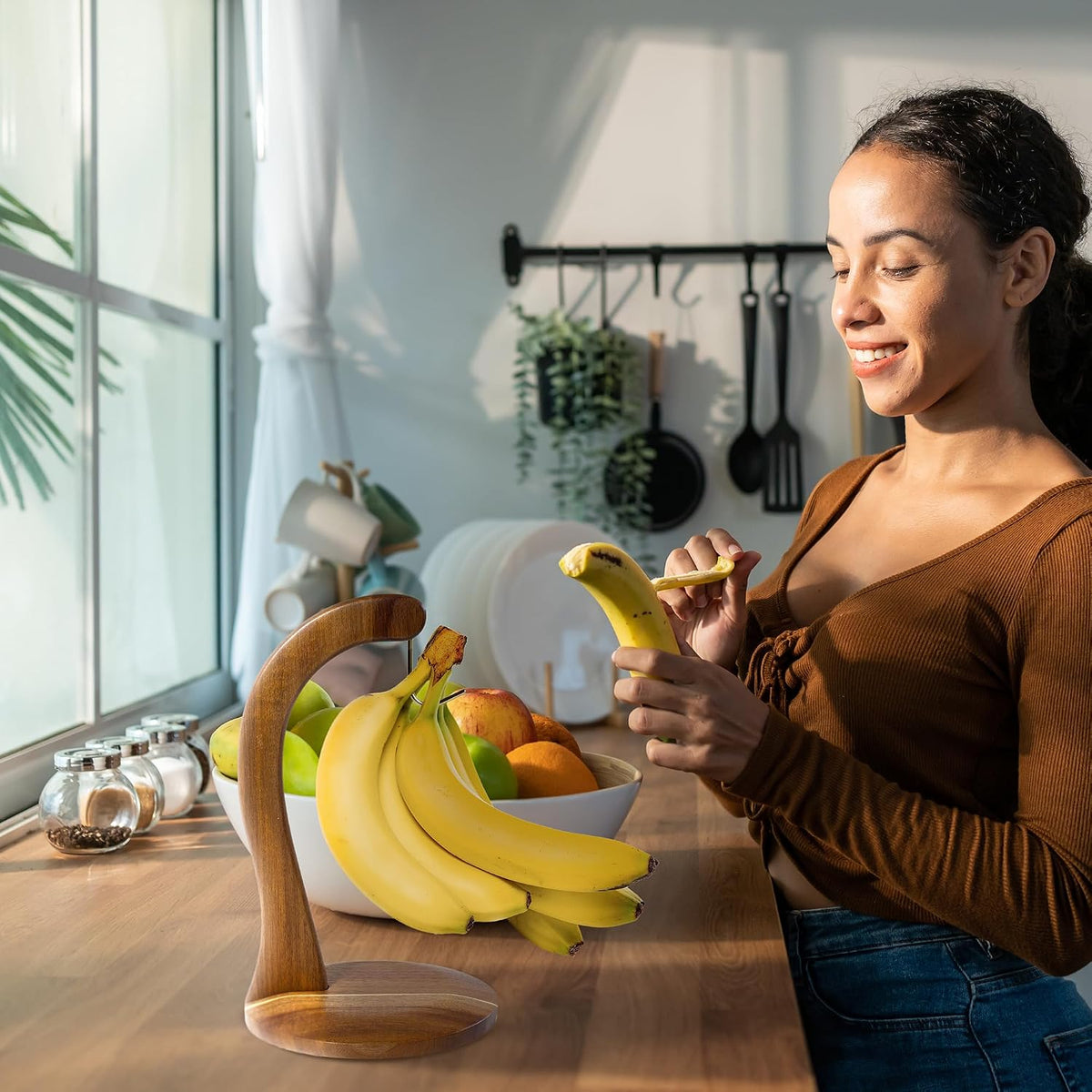 Rock & Branch Acacia Wood Banana Holder with Stand and Hanging Hook