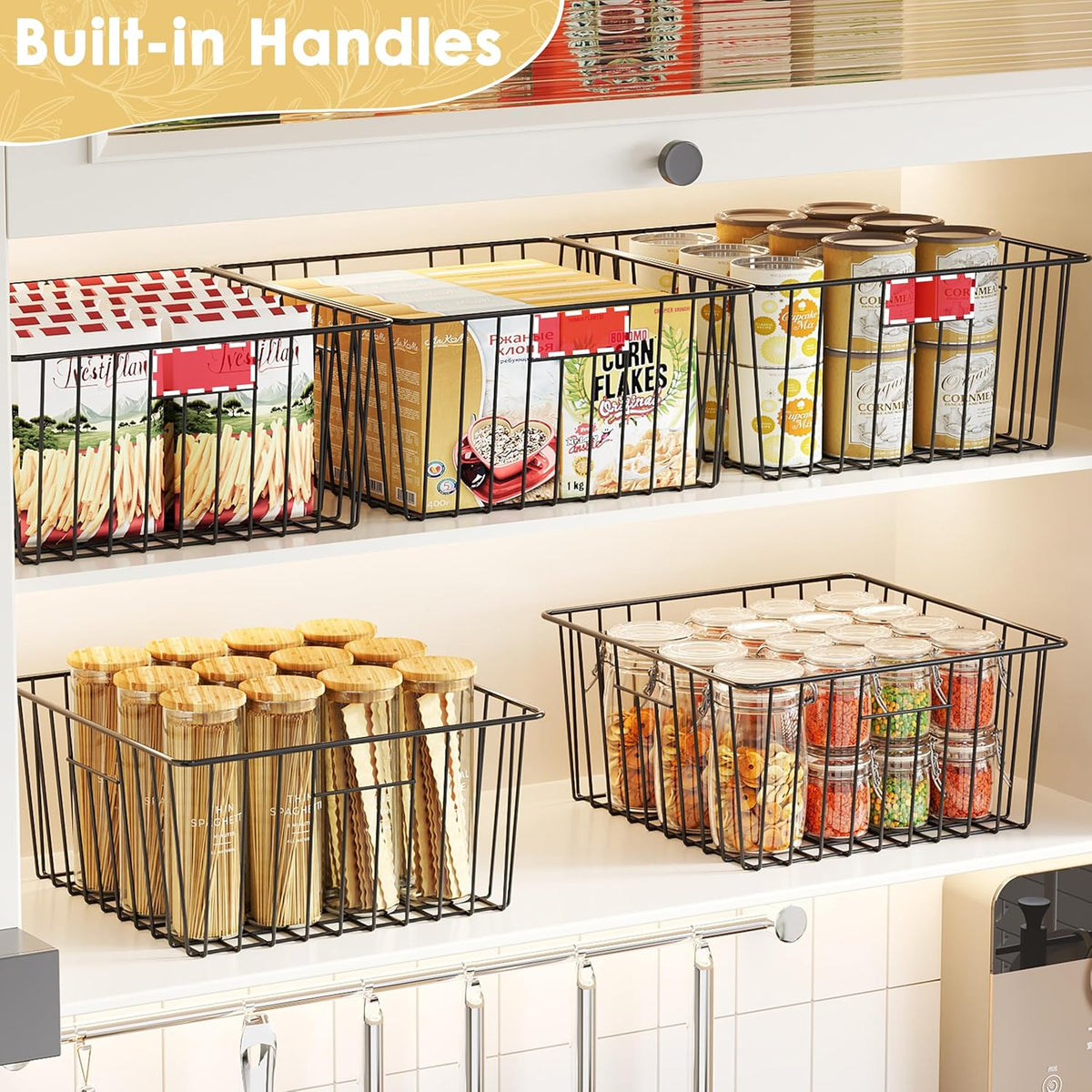Metal Wire Basket Pantry Baskets Foldable Cabinet Organizers with Handles-6 Pack-12"x9"x6", Food Storage Freezer Organizer Bins for Kitchen Bathroom Laundry Closet Garage - Patent Design