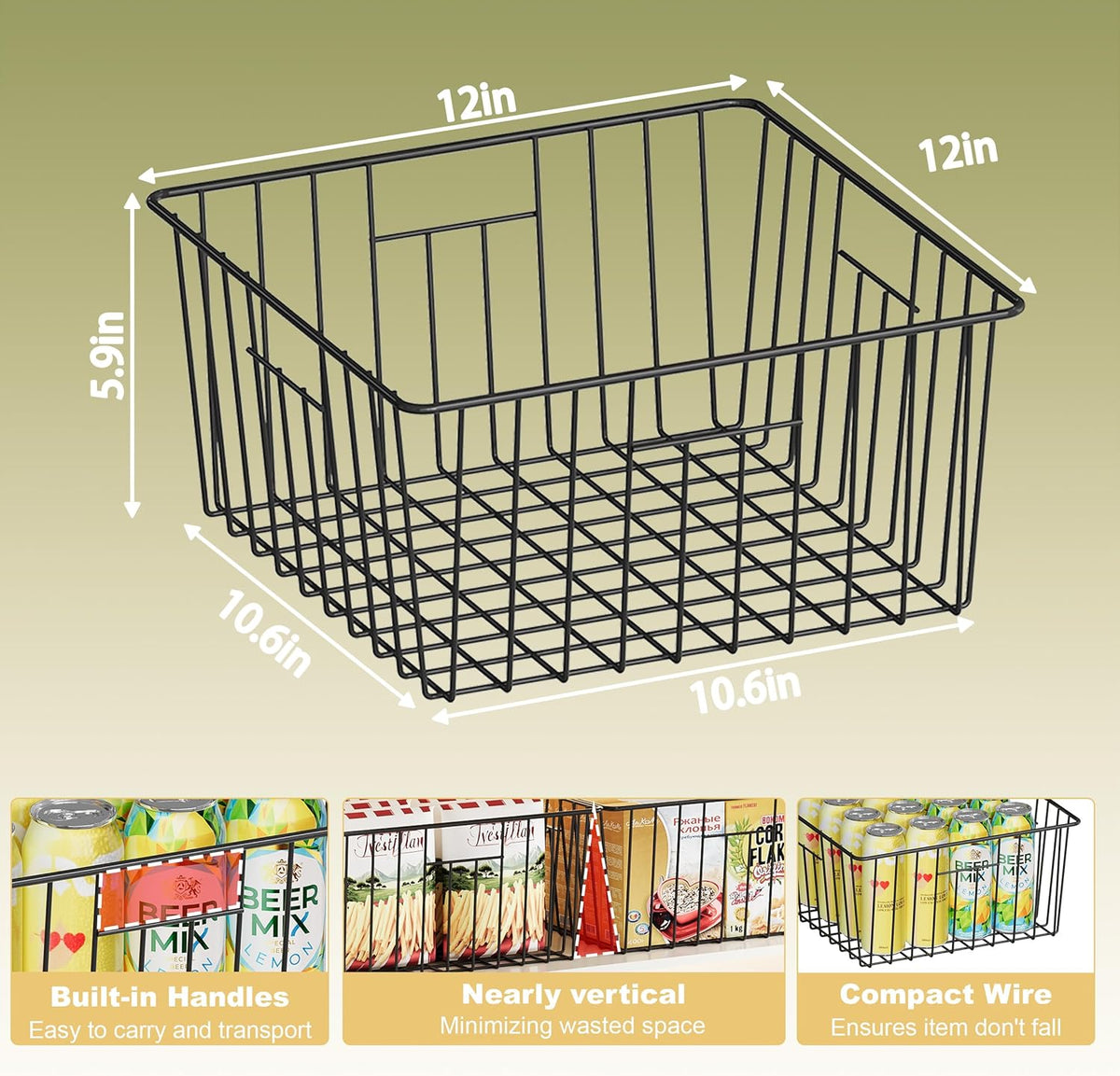 Metal Wire Basket Pantry Baskets Foldable Cabinet Organizers with Handles-6 Pack-12"x9"x6", Food Storage Freezer Organizer Bins for Kitchen Bathroom Laundry Closet Garage - Patent Design