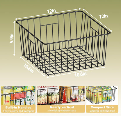 Metal Wire Basket Pantry Baskets Foldable Cabinet Organizers with Handles-6 Pack-12"x9"x6", Food Storage Freezer Organizer Bins for Kitchen Bathroom Laundry Closet Garage - Patent Design