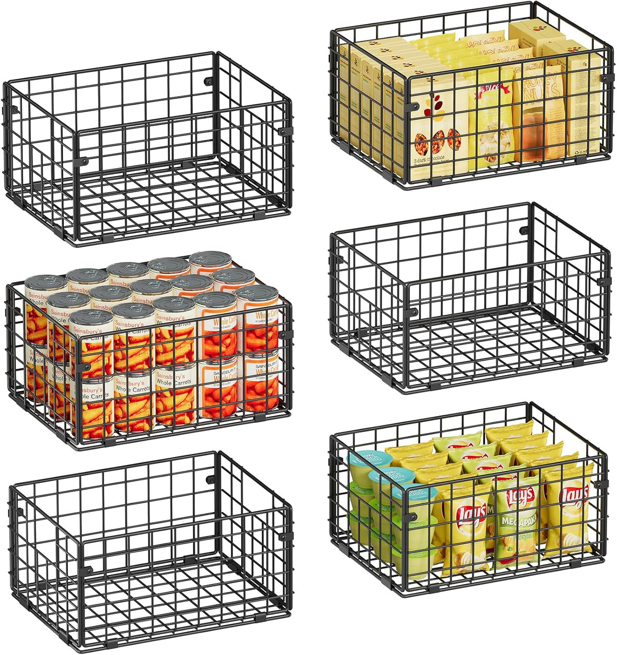 Metal Wire Basket Pantry Baskets Foldable Cabinet Organizers with Handles-6 Pack-12"x9"x6", Food Storage Freezer Organizer Bins for Kitchen Bathroom Laundry Closet Garage - Patent Design