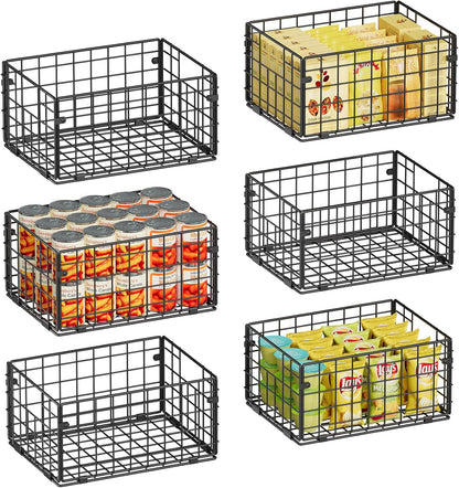 Metal Wire Basket Pantry Baskets Foldable Cabinet Organizers with Handles-6 Pack-12"x9"x6", Food Storage Freezer Organizer Bins for Kitchen Bathroom Laundry Closet Garage - Patent Design