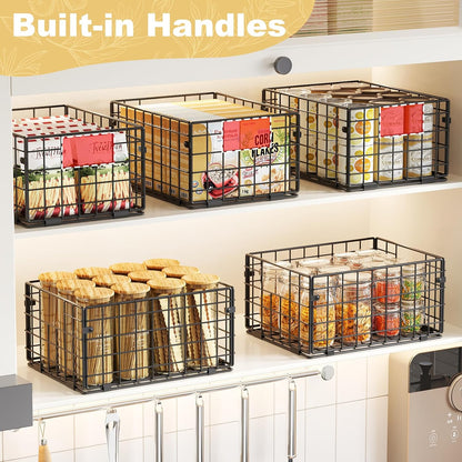 Metal Wire Basket Pantry Baskets Foldable Cabinet Organizers with Handles-6 Pack-12"x9"x6", Food Storage Freezer Organizer Bins for Kitchen Bathroom Laundry Closet Garage - Patent Design