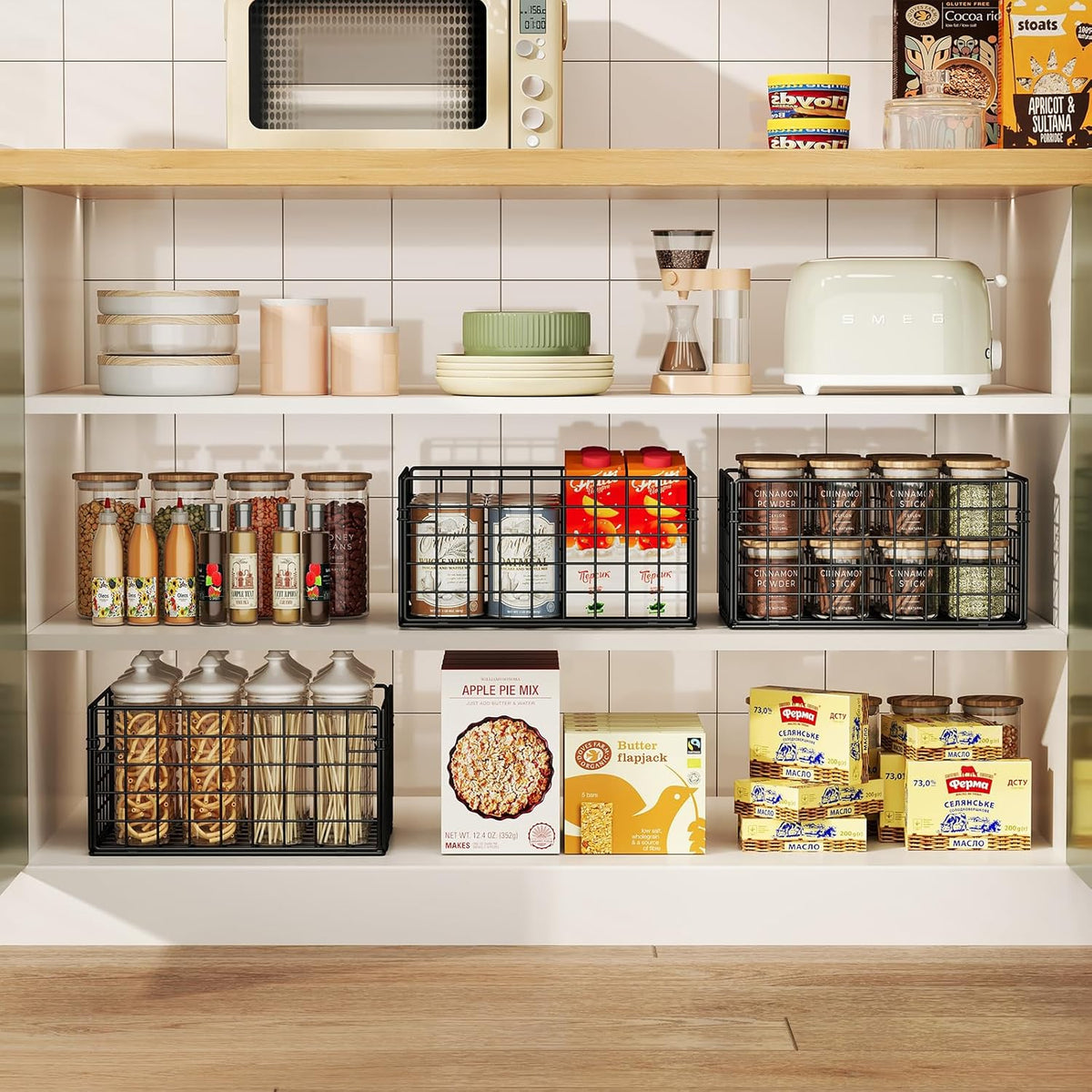 Metal Wire Basket Pantry Baskets Foldable Cabinet Organizers with Handles-6 Pack-12"x9"x6", Food Storage Freezer Organizer Bins for Kitchen Bathroom Laundry Closet Garage - Patent Design