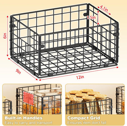 Metal Wire Basket Pantry Baskets Foldable Cabinet Organizers with Handles-6 Pack-12"x9"x6", Food Storage Freezer Organizer Bins for Kitchen Bathroom Laundry Closet Garage - Patent Design
