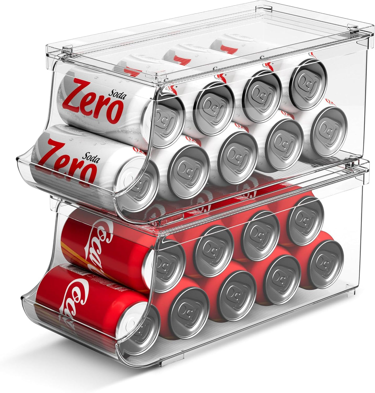 Set of 2 Stackable Drink Can Organizer for Fridge, Freezer, Kitchen, Countertops, Cabinets - Soft Drink Holder for Refrigerator with Lid, Soda Can Dispenser, BPA Free, Holds 9 Cans Each