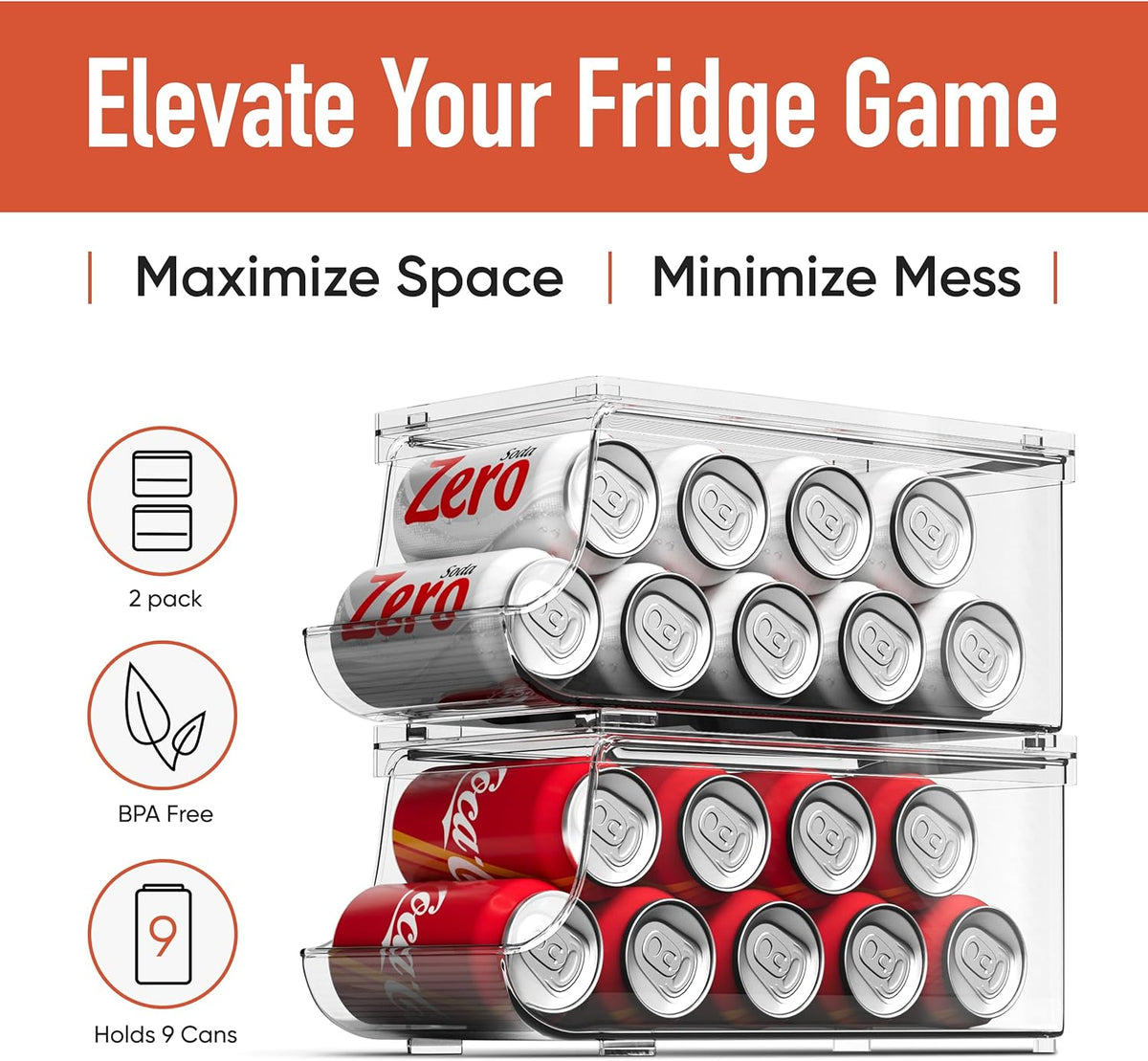 Set of 2 Stackable Drink Can Organizer for Fridge, Freezer, Kitchen, Countertops, Cabinets - Soft Drink Holder for Refrigerator with Lid, Soda Can Dispenser, BPA Free, Holds 9 Cans Each