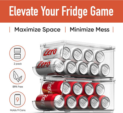 Set of 2 Stackable Drink Can Organizer for Fridge, Freezer, Kitchen, Countertops, Cabinets - Soft Drink Holder for Refrigerator with Lid, Soda Can Dispenser, BPA Free, Holds 9 Cans Each