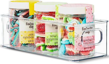 Plastic Food Storage 2 Pack Clear Container Bin with Handles for Organizing Kitchen, Pantry, Refrigerator, Freezer, Pantry, Cabinet, Closet, Bathroom. 16”x6”x5”