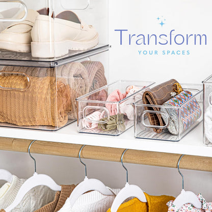 Plastic Food Storage 2 Pack Clear Container Bin with Handles for Organizing Kitchen, Pantry, Refrigerator, Freezer, Pantry, Cabinet, Closet, Bathroom. 16”x6”x5”