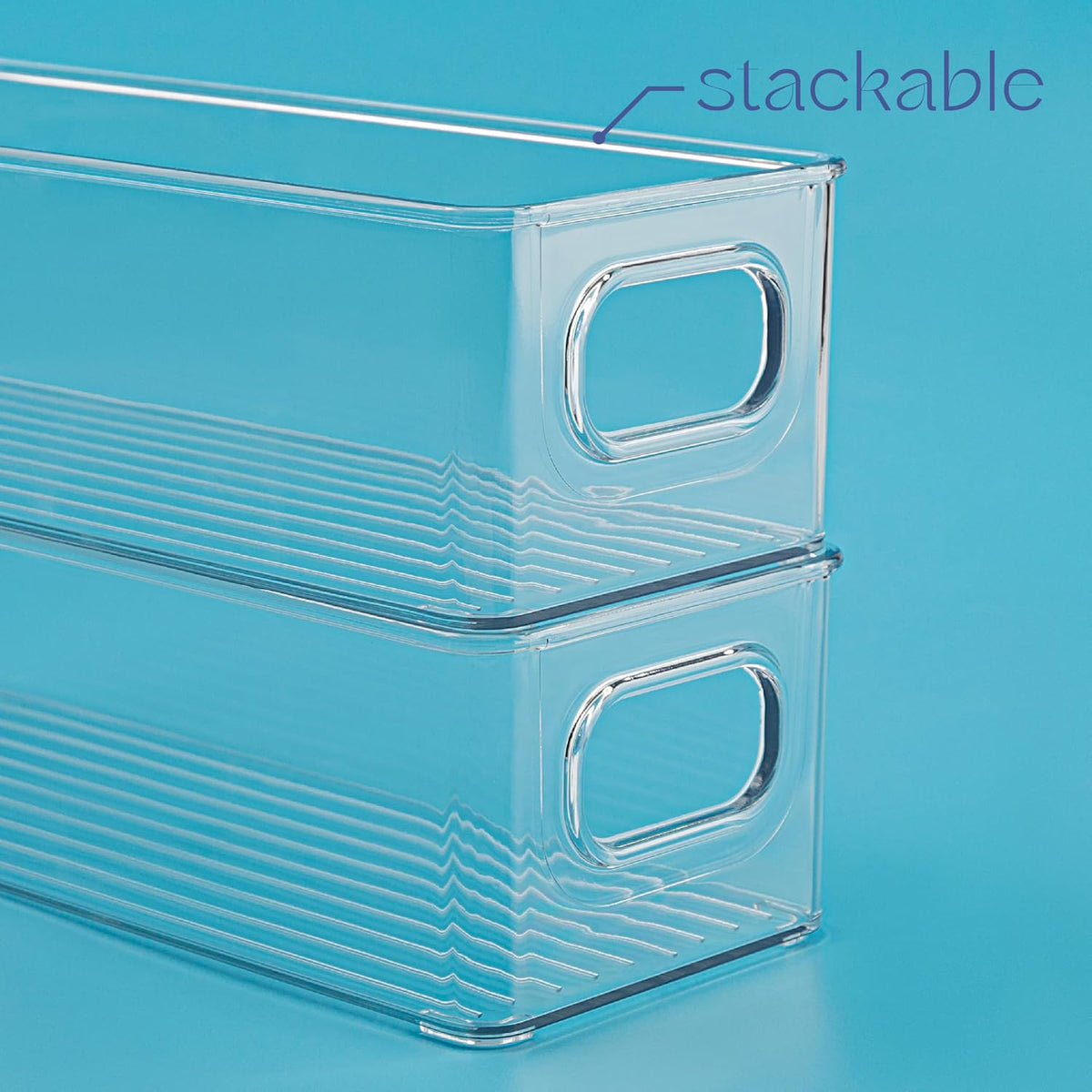 Plastic Food Storage 2 Pack Clear Container Bin with Handles for Organizing Kitchen, Pantry, Refrigerator, Freezer, Pantry, Cabinet, Closet, Bathroom. 16”x6”x5”