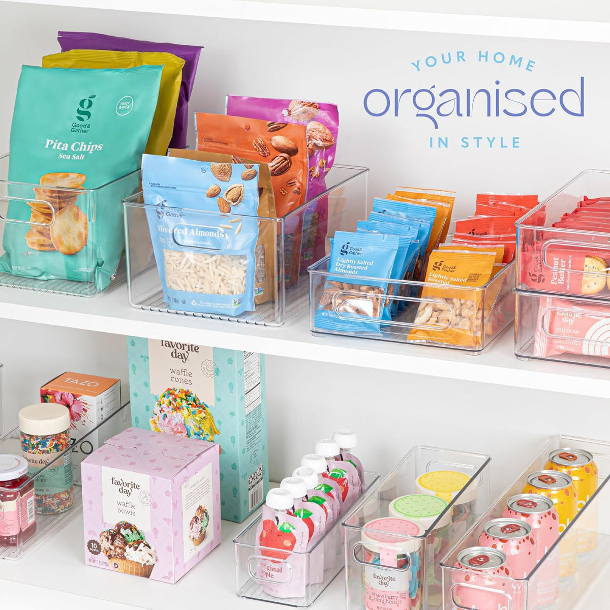 Plastic Food Storage 2 Pack Clear Container Bin with Handles for Organizing Kitchen, Pantry, Refrigerator, Freezer, Pantry, Cabinet, Closet, Bathroom. 16”x6”x5”