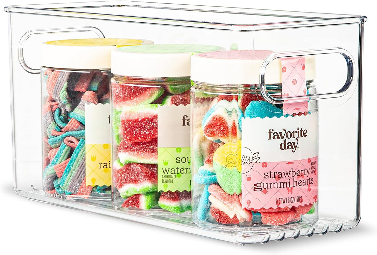 Plastic Food Storage 2 Pack Clear Container Bin with Handles for Organizing Kitchen, Pantry, Refrigerator, Freezer, Pantry, Cabinet, Closet, Bathroom. 16”x6”x5”