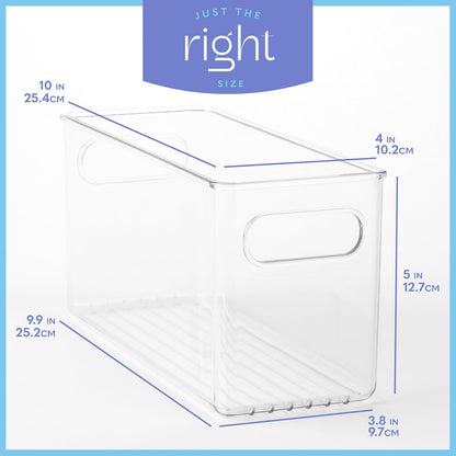 Plastic Food Storage 2 Pack Clear Container Bin with Handles for Organizing Kitchen, Pantry, Refrigerator, Freezer, Pantry, Cabinet, Closet, Bathroom. 16”x6”x5”