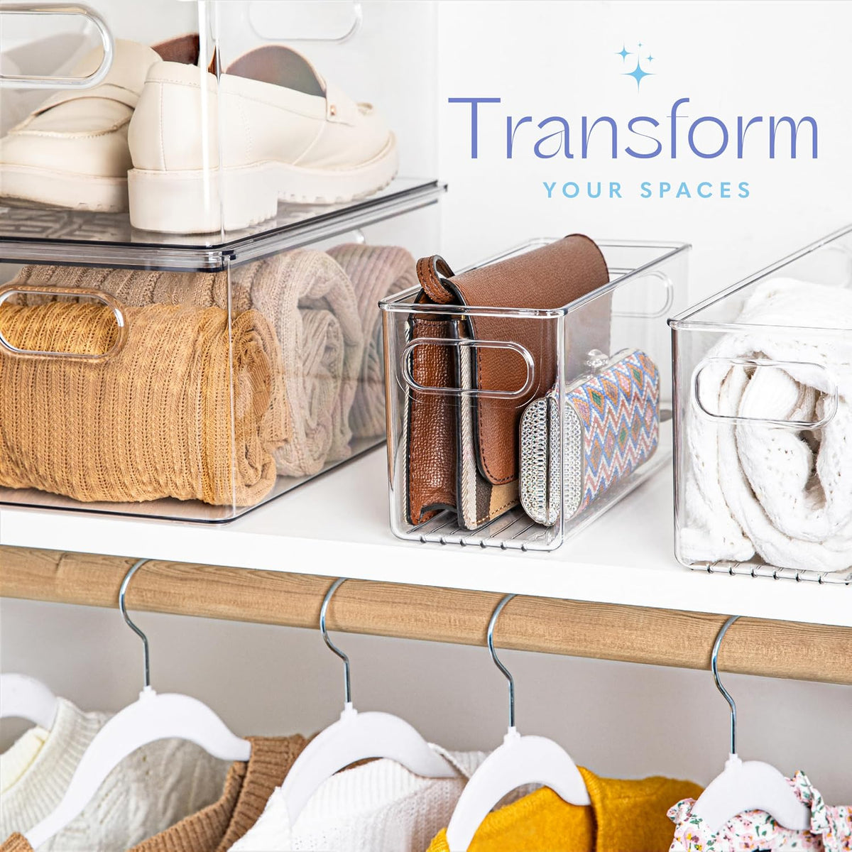 Plastic Food Storage 2 Pack Clear Container Bin with Handles for Organizing Kitchen, Pantry, Refrigerator, Freezer, Pantry, Cabinet, Closet, Bathroom. 16”x6”x5”