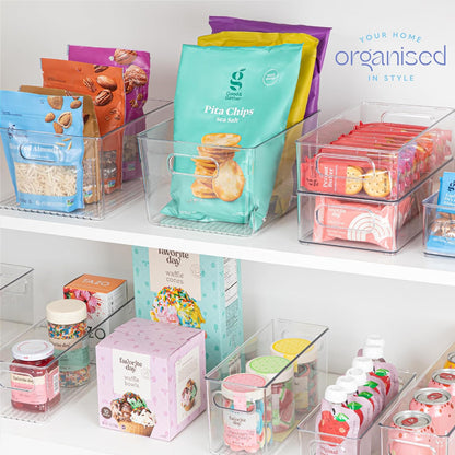Plastic Food Storage 2 Pack Clear Container Bin with Handles for Organizing Kitchen, Pantry, Refrigerator, Freezer, Pantry, Cabinet, Closet, Bathroom. 16”x6”x5”