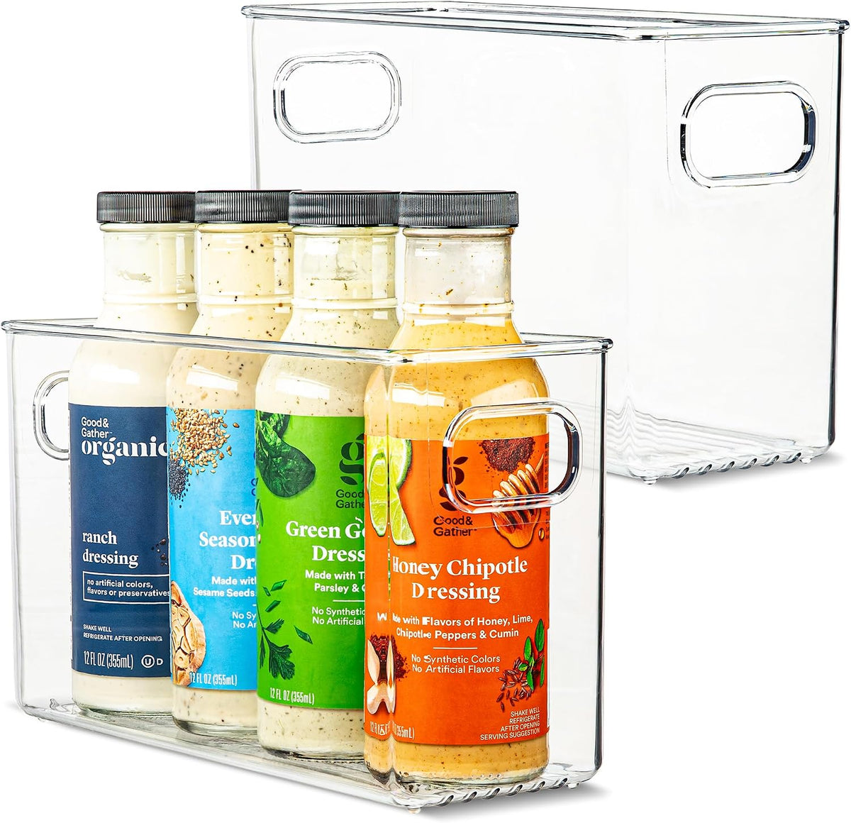 Plastic Food Storage 2 Pack Clear Container Bin with Handles for Organizing Kitchen, Pantry, Refrigerator, Freezer, Pantry, Cabinet, Closet, Bathroom. 16”x6”x5”