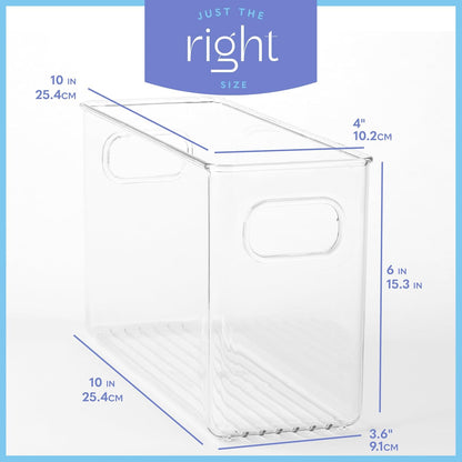 Plastic Food Storage 2 Pack Clear Container Bin with Handles for Organizing Kitchen, Pantry, Refrigerator, Freezer, Pantry, Cabinet, Closet, Bathroom. 16”x6”x5”