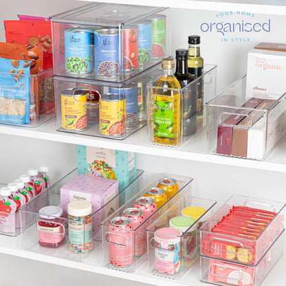 Plastic Food Storage 2 Pack Clear Container Bin with Handles for Organizing Kitchen, Pantry, Refrigerator, Freezer, Pantry, Cabinet, Closet, Bathroom. 16”x6”x5”