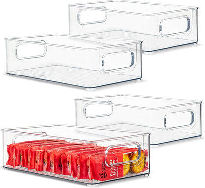 Plastic Food Storage 2 Pack Clear Container Bin with Handles for Organizing Kitchen, Pantry, Refrigerator, Freezer, Pantry, Cabinet, Closet, Bathroom. 16”x6”x5”