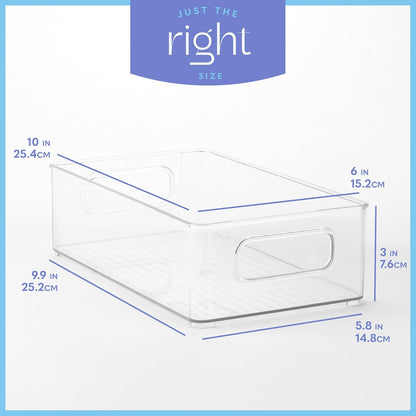 Plastic Food Storage 2 Pack Clear Container Bin with Handles for Organizing Kitchen, Pantry, Refrigerator, Freezer, Pantry, Cabinet, Closet, Bathroom. 16”x6”x5”