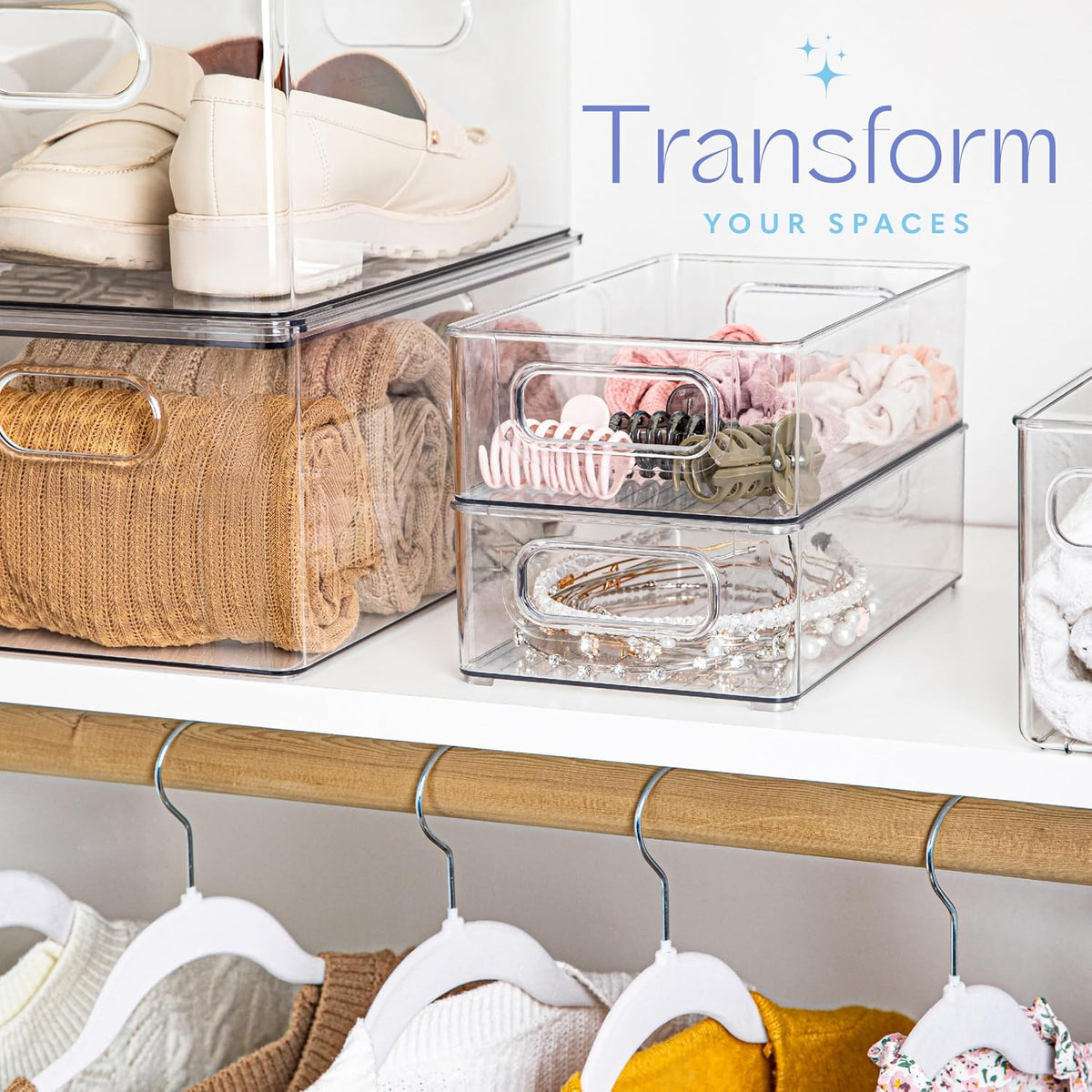 Plastic Food Storage 2 Pack Clear Container Bin with Handles for Organizing Kitchen, Pantry, Refrigerator, Freezer, Pantry, Cabinet, Closet, Bathroom. 16”x6”x5”