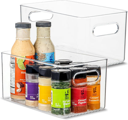 Plastic Food Storage 2 Pack Clear Container Bin with Handles for Organizing Kitchen, Pantry, Refrigerator, Freezer, Pantry, Cabinet, Closet, Bathroom. 16”x6”x5”