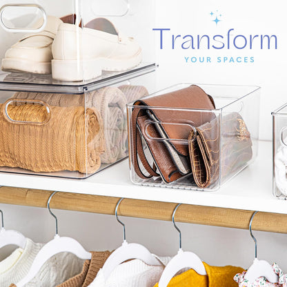 Plastic Food Storage 2 Pack Clear Container Bin with Handles for Organizing Kitchen, Pantry, Refrigerator, Freezer, Pantry, Cabinet, Closet, Bathroom. 16”x6”x5”