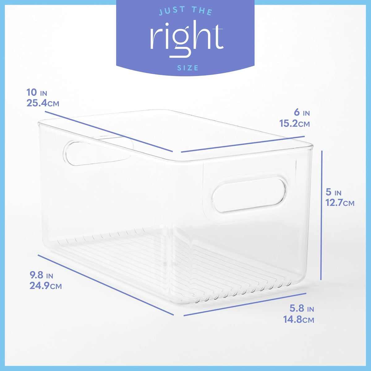 Plastic Food Storage 2 Pack Clear Container Bin with Handles for Organizing Kitchen, Pantry, Refrigerator, Freezer, Pantry, Cabinet, Closet, Bathroom. 16”x6”x5”