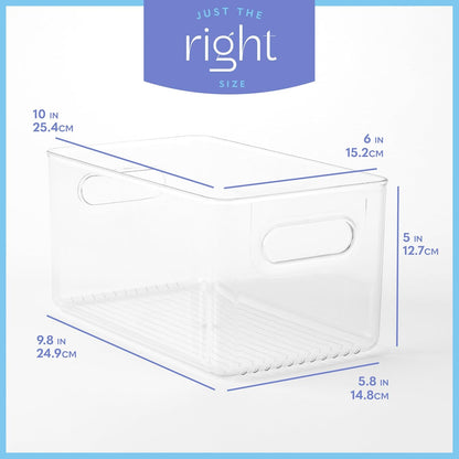 Plastic Food Storage 2 Pack Clear Container Bin with Handles for Organizing Kitchen, Pantry, Refrigerator, Freezer, Pantry, Cabinet, Closet, Bathroom. 16”x6”x5”