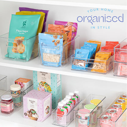 Plastic Food Storage 2 Pack Clear Container Bin with Handles for Organizing Kitchen, Pantry, Refrigerator, Freezer, Pantry, Cabinet, Closet, Bathroom. 16”x6”x5”