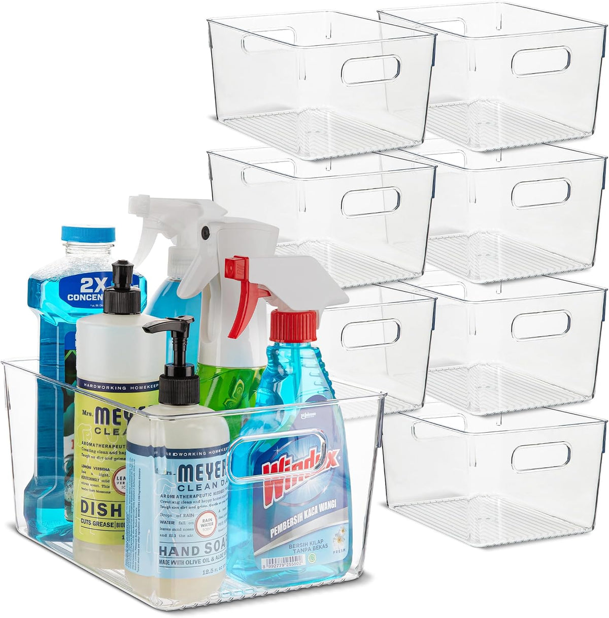 Plastic Food Storage 2 Pack Clear Container Bin with Handles for Organizing Kitchen, Pantry, Refrigerator, Freezer, Pantry, Cabinet, Closet, Bathroom. 16”x6”x5”