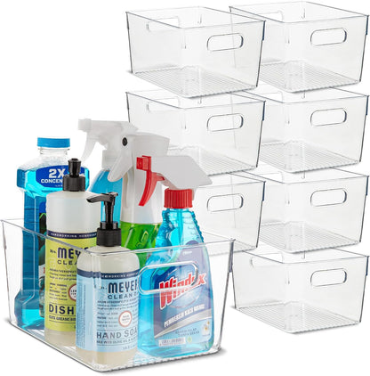 Plastic Food Storage 2 Pack Clear Container Bin with Handles for Organizing Kitchen, Pantry, Refrigerator, Freezer, Pantry, Cabinet, Closet, Bathroom. 16”x6”x5”