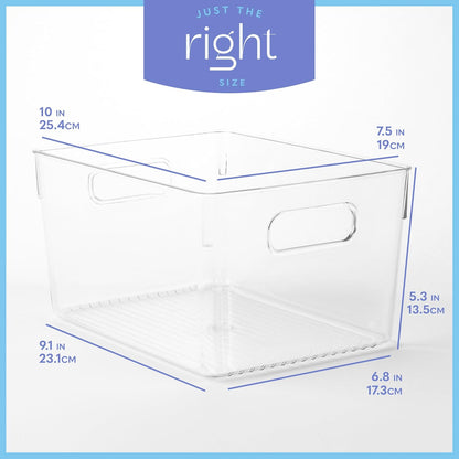 Plastic Food Storage 2 Pack Clear Container Bin with Handles for Organizing Kitchen, Pantry, Refrigerator, Freezer, Pantry, Cabinet, Closet, Bathroom. 16”x6”x5”