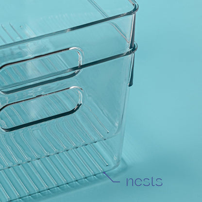 Plastic Food Storage 2 Pack Clear Container Bin with Handles for Organizing Kitchen, Pantry, Refrigerator, Freezer, Pantry, Cabinet, Closet, Bathroom. 16”x6”x5”