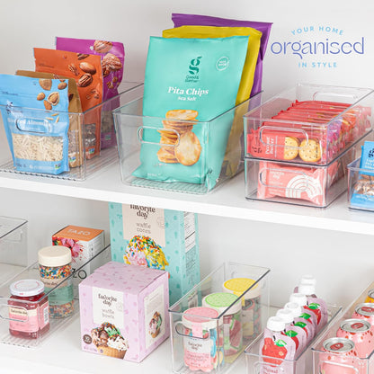 Plastic Food Storage 2 Pack Clear Container Bin with Handles for Organizing Kitchen, Pantry, Refrigerator, Freezer, Pantry, Cabinet, Closet, Bathroom. 16”x6”x5”