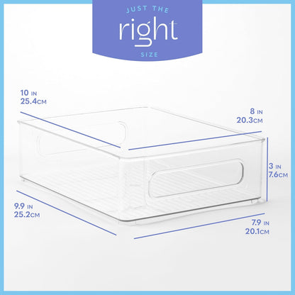 Plastic Food Storage 2 Pack Clear Container Bin with Handles for Organizing Kitchen, Pantry, Refrigerator, Freezer, Pantry, Cabinet, Closet, Bathroom. 16”x6”x5”