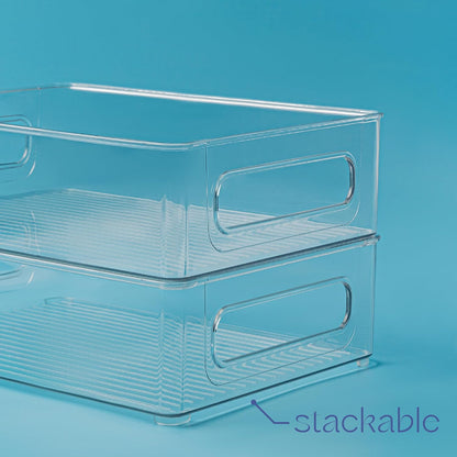 Plastic Food Storage 2 Pack Clear Container Bin with Handles for Organizing Kitchen, Pantry, Refrigerator, Freezer, Pantry, Cabinet, Closet, Bathroom. 16”x6”x5”