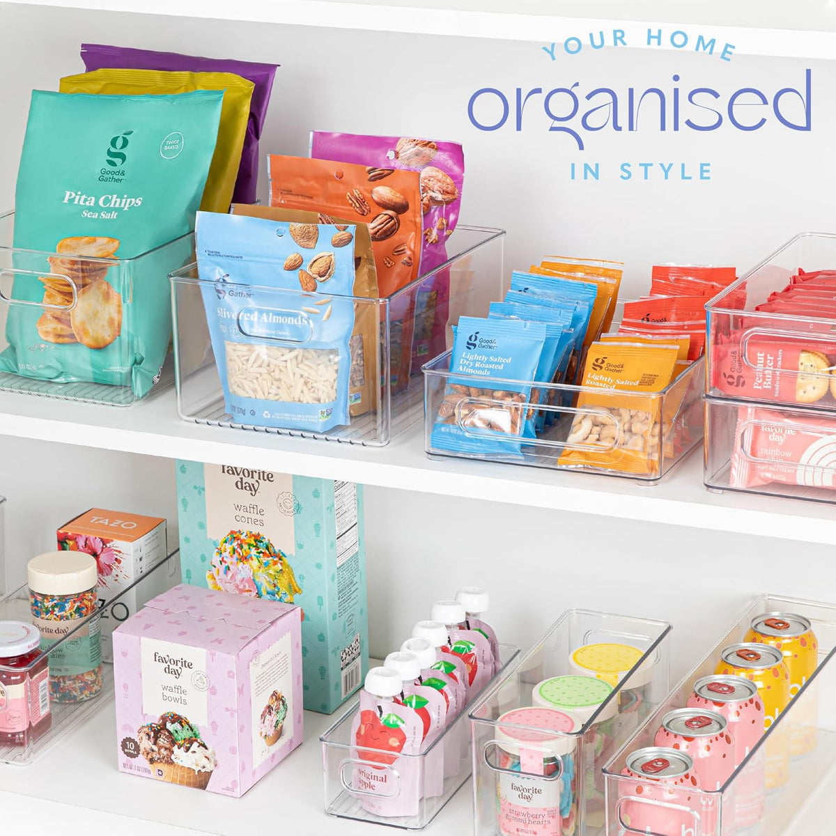 Plastic Food Storage 2 Pack Clear Container Bin with Handles for Organizing Kitchen, Pantry, Refrigerator, Freezer, Pantry, Cabinet, Closet, Bathroom. 16”x6”x5”