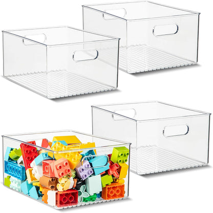 Plastic Food Storage 2 Pack Clear Container Bin with Handles for Organizing Kitchen, Pantry, Refrigerator, Freezer, Pantry, Cabinet, Closet, Bathroom. 16”x6”x5”